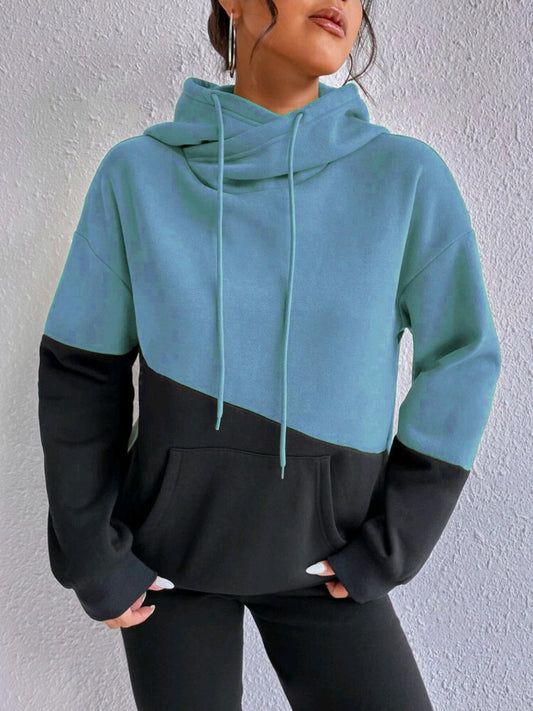 Comfortable Colorblock Hoodie for Women with Cowl Neck Long Sleeve Oversized Kangaroo Pocket Relaxed Style
