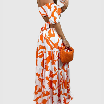 Elegant Floral Maxi Dress for Women with Off Shoulder Smocked Bodice Tiered Skirt Formal Wedding Guest Style