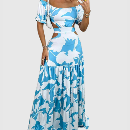 Elegant Floral Maxi Dress for Women with Off Shoulder Smocked Bodice Tiered Skirt Formal Wedding Guest Style