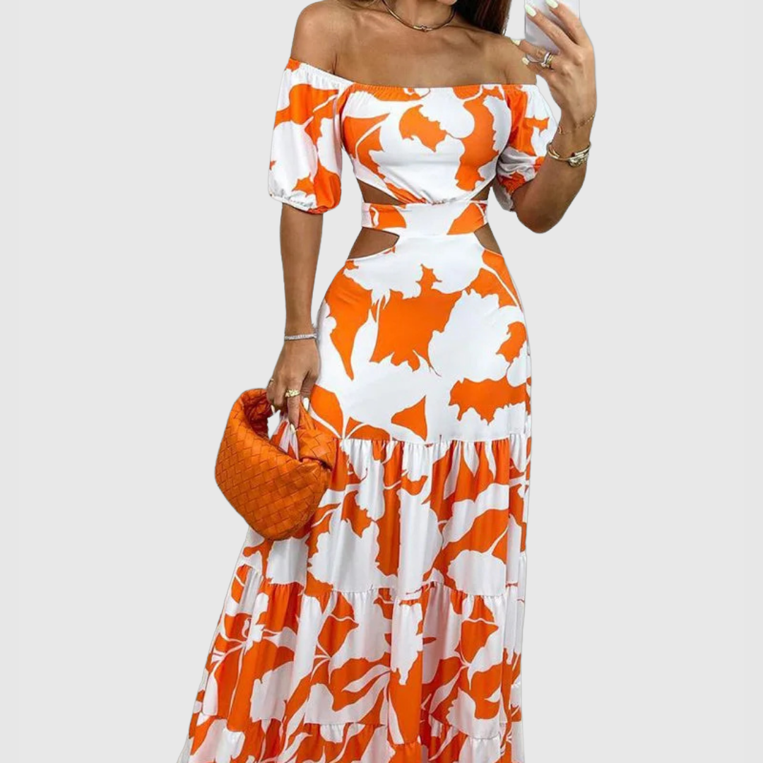 Elegant Floral Maxi Dress for Women with Off Shoulder Smocked Bodice Tiered Skirt Formal Wedding Guest Style