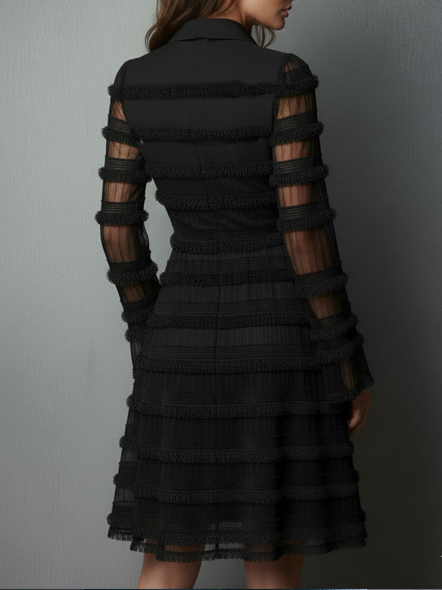 Elegant Black Lace Mini Dress for Women with Collared V Neck Long Sleeve Tiered Ruffle Cocktail Style