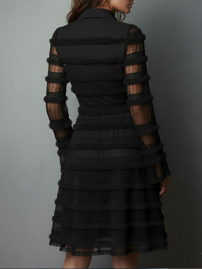 Elegant Black Lace Mini Dress for Women with Collared V Neck Long Sleeve Tiered Ruffle Cocktail Style