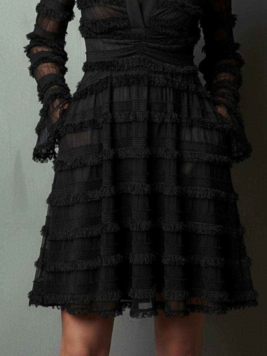 Elegant Black Lace Mini Dress for Women with Collared V Neck Long Sleeve Tiered Ruffle Cocktail Style