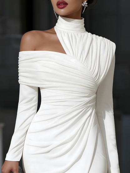 Elegant White Midi Dress for Women with High Neck Long Sleeve Asymmetric Ruched Bodycon Style
