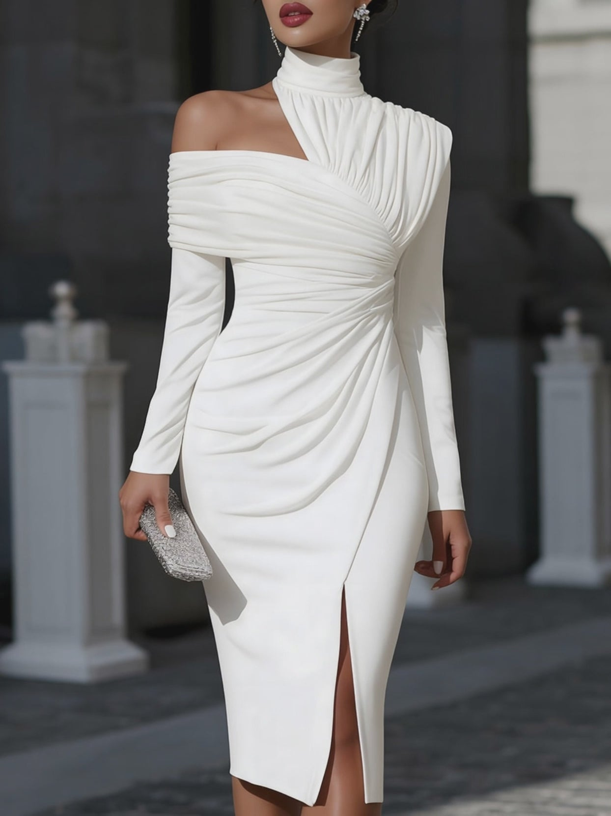 Elegant White Midi Dress for Women with High Neck Long Sleeve Asymmetric Ruched Bodycon Style