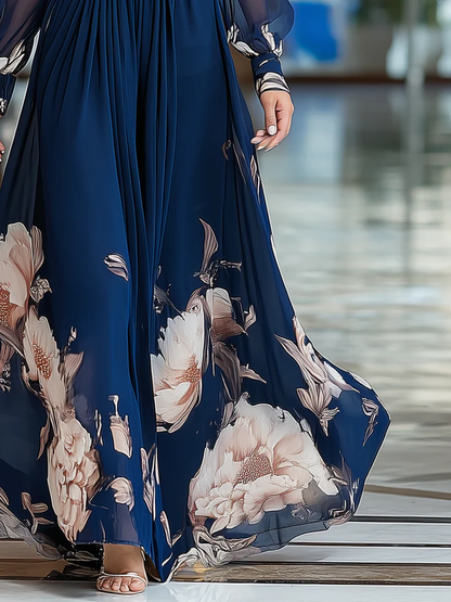 Elegant Navy Floral Maxi Dress for Women with V Neck Long Sleeve Sheer Ruched Waist Flowing Formal Wedding Guest Style