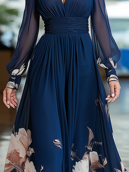 Elegant Navy Floral Maxi Dress for Women with V Neck Long Sleeve Sheer Ruched Waist Flowing Formal Wedding Guest Style