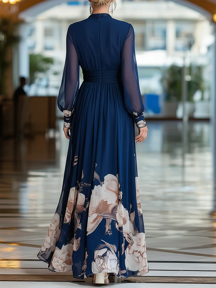 Elegant Navy Floral Maxi Dress for Women with V Neck Long Sleeve Sheer Ruched Waist Flowing Formal Wedding Guest Style