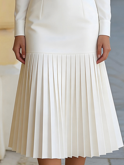 Elegant White Midi Dress for Women with High Neck Long Sleeve Belted Pleated Formal Wedding Guest Style