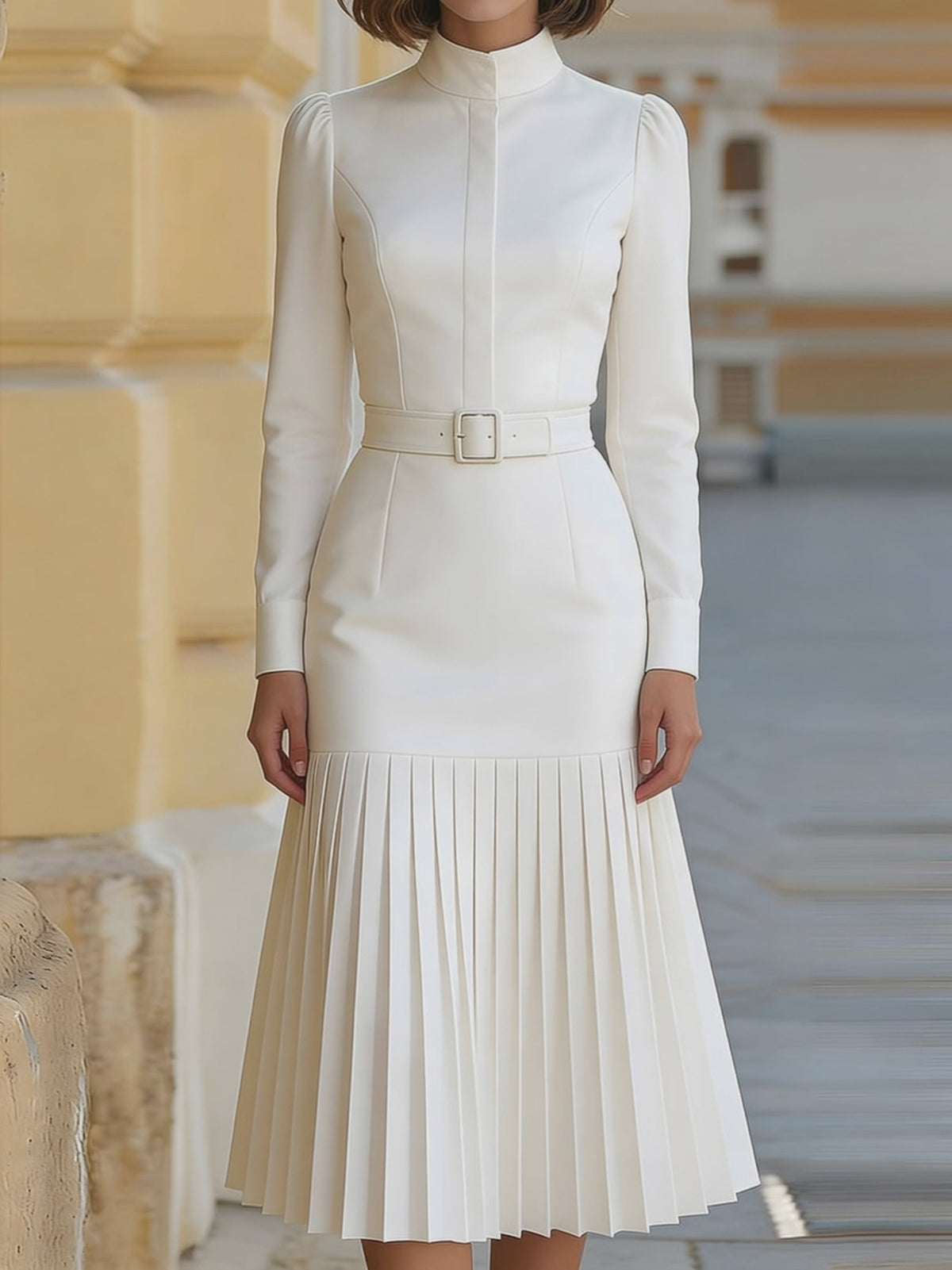 Elegant White Midi Dress for Women with High Neck Long Sleeve Belted Pleated Formal Wedding Guest Style