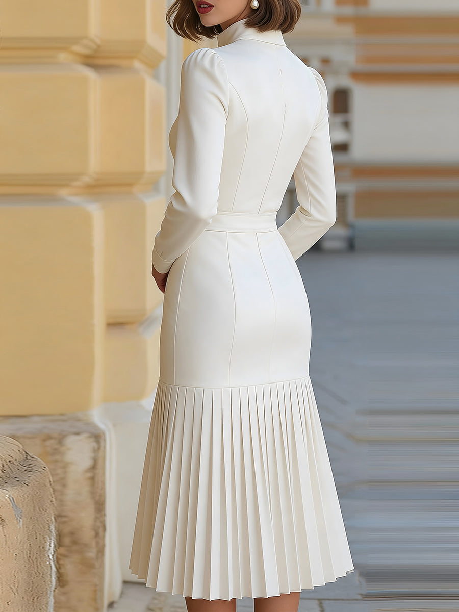 Elegant White Midi Dress for Women with High Neck Long Sleeve Belted Pleated Formal Wedding Guest Style