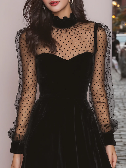 Stylish Black Mini Dress for Women with Sheer Dot Mesh High Neck Long Sleeve Fit and Flare Style