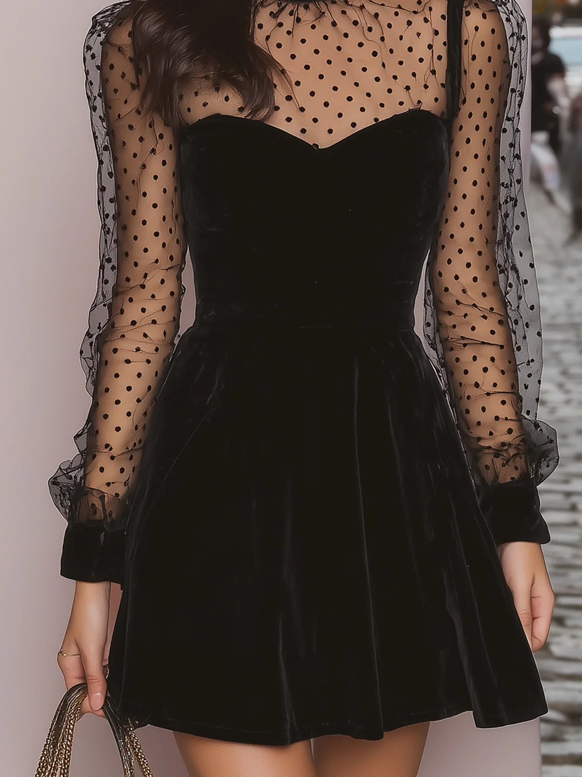 Stylish Black Mini Dress for Women with Sheer Dot Mesh High Neck Long Sleeve Fit and Flare Style