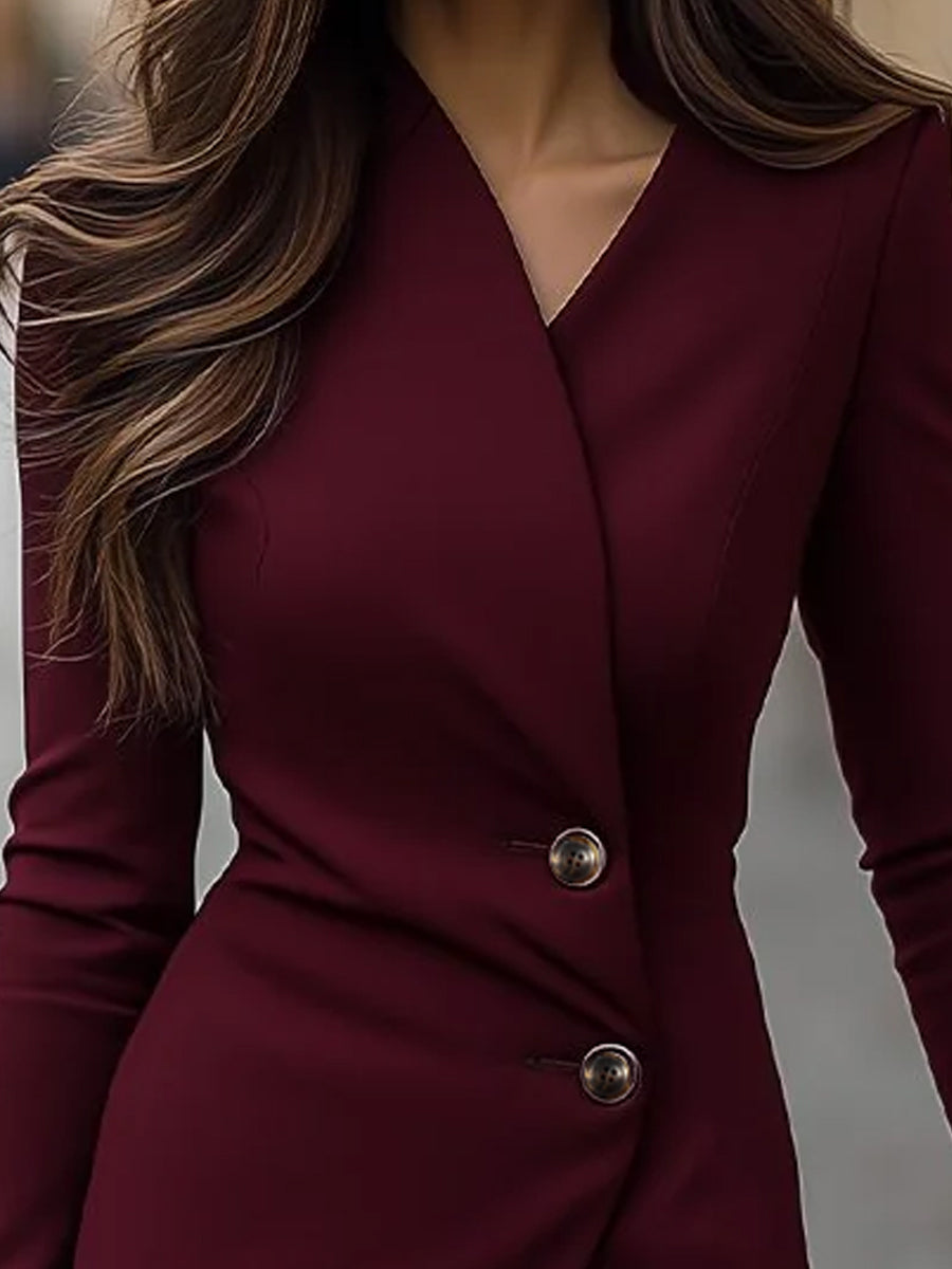 Elegant Midi Dress for Women with Surplice V Neck Long Sleeve Button Front Fitted Formal Wedding Guest Style