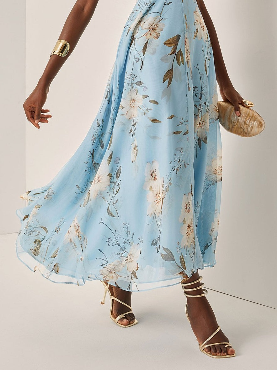 Elegant Light Blue Floral Maxi Dress for Women with One Shoulder Ruched Draped Flowing Wedding Guest Style