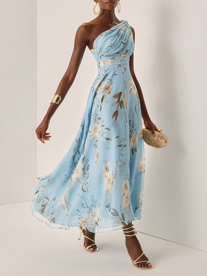 Elegant Light Blue Floral Maxi Dress for Women with One Shoulder Ruched Draped Flowing Wedding Guest Style