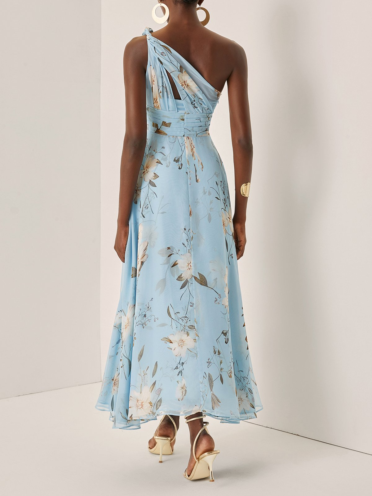 Elegant Light Blue Floral Maxi Dress for Women with One Shoulder Ruched Draped Flowing Wedding Guest Style