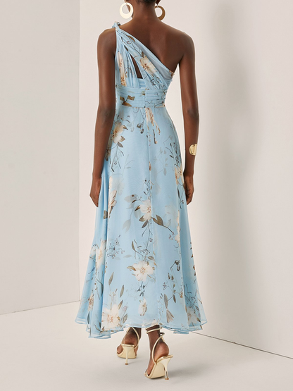 Elegant Light Blue Floral Maxi Dress for Women with One Shoulder Ruched Draped Flowing Wedding Guest Style