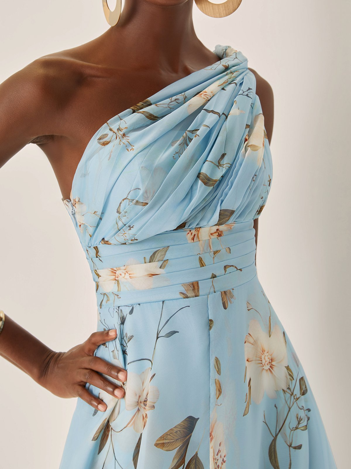 Elegant Light Blue Floral Maxi Dress for Women with One Shoulder Ruched Draped Flowing Wedding Guest Style