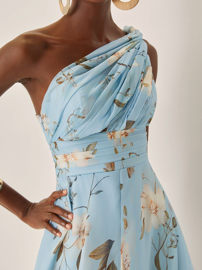 Elegant Light Blue Floral Maxi Dress for Women with One Shoulder Ruched Draped Flowing Wedding Guest Style
