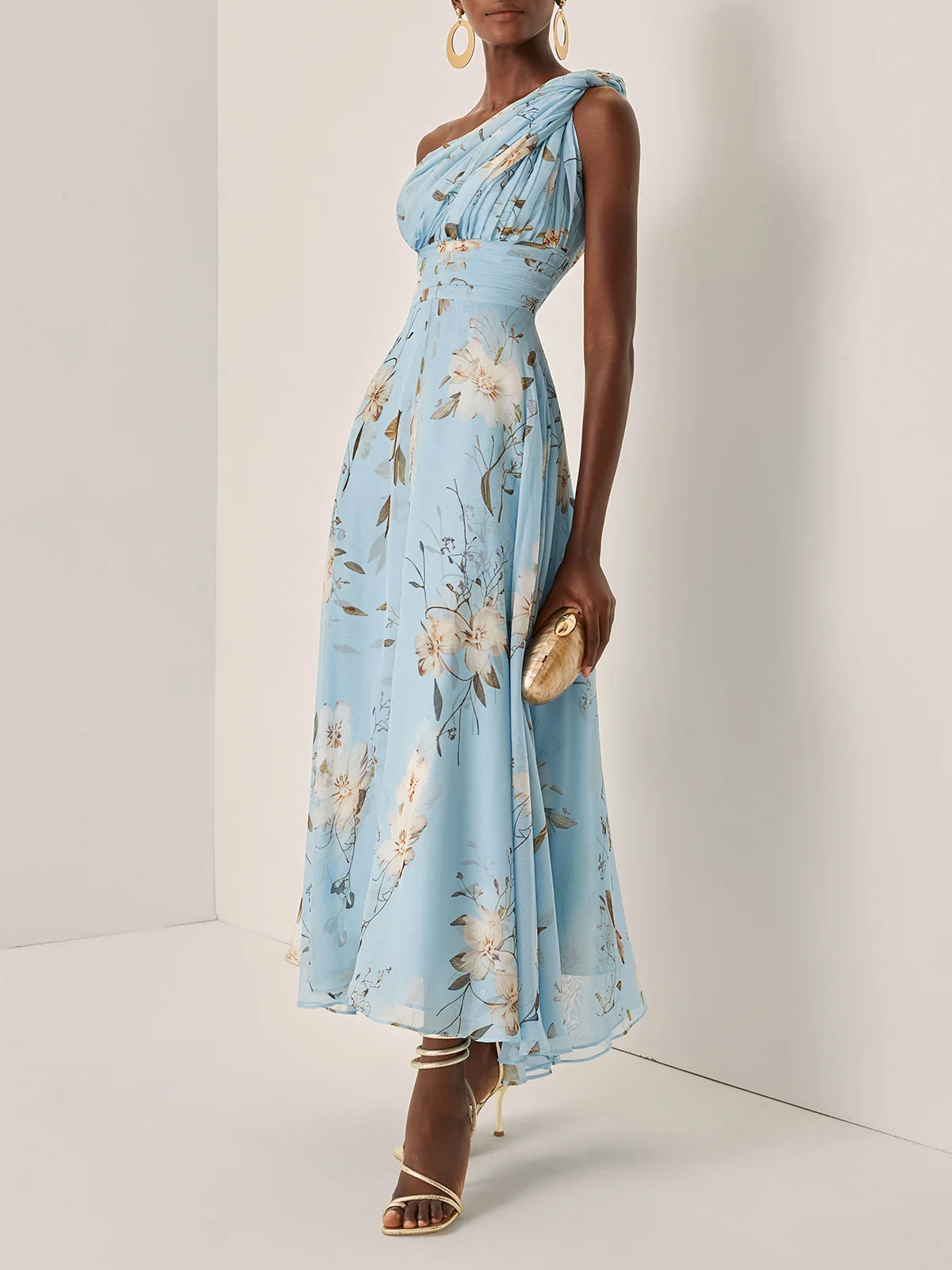 Elegant Light Blue Floral Maxi Dress for Women with One Shoulder Ruched Draped Flowing Wedding Guest Style