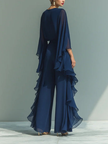 Elegant Navy Chiffon Maxi Dress for Women with Round Neck Cape Sleeve Ruffle Tiered Flowing Style