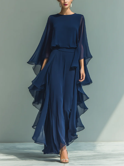 Elegant Navy Chiffon Maxi Dress for Women with Round Neck Cape Sleeve Ruffle Tiered Flowing Style