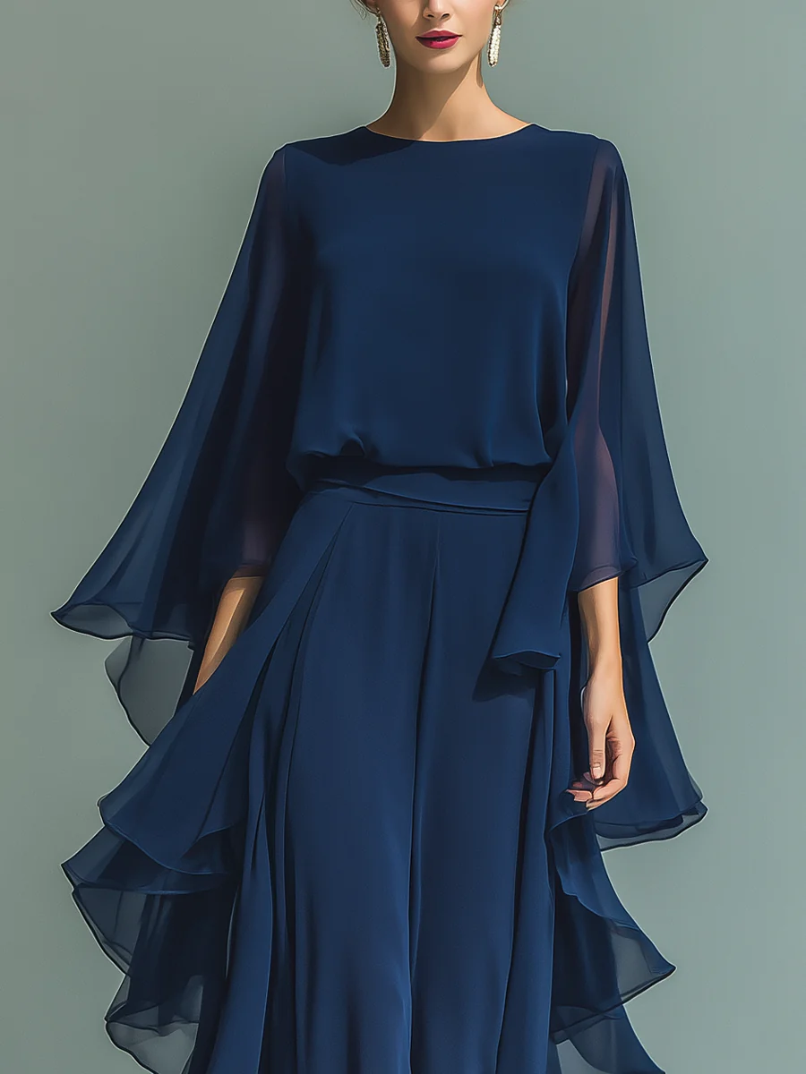 Elegant Navy Chiffon Maxi Dress for Women with Round Neck Cape Sleeve Ruffle Tiered Flowing Style