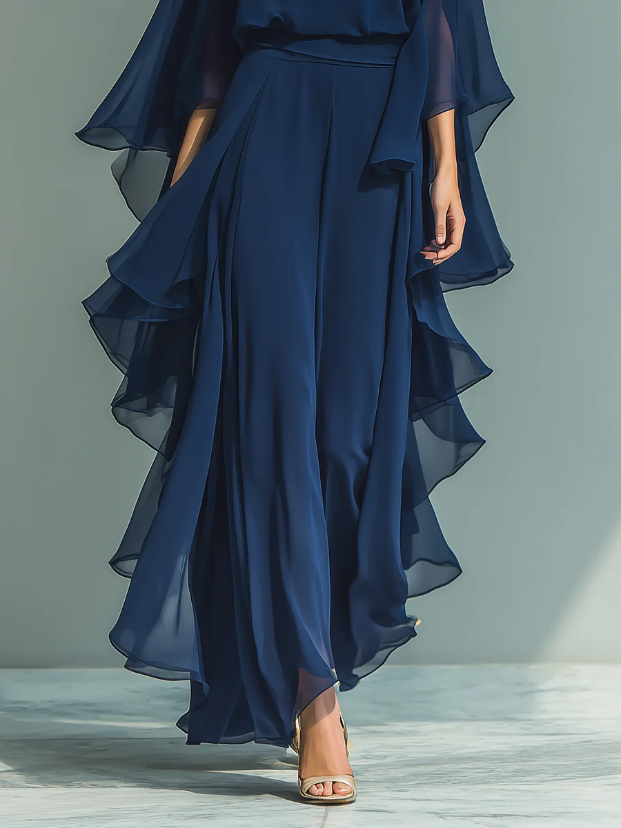 Elegant Navy Chiffon Maxi Dress for Women with Round Neck Cape Sleeve Ruffle Tiered Flowing Style
