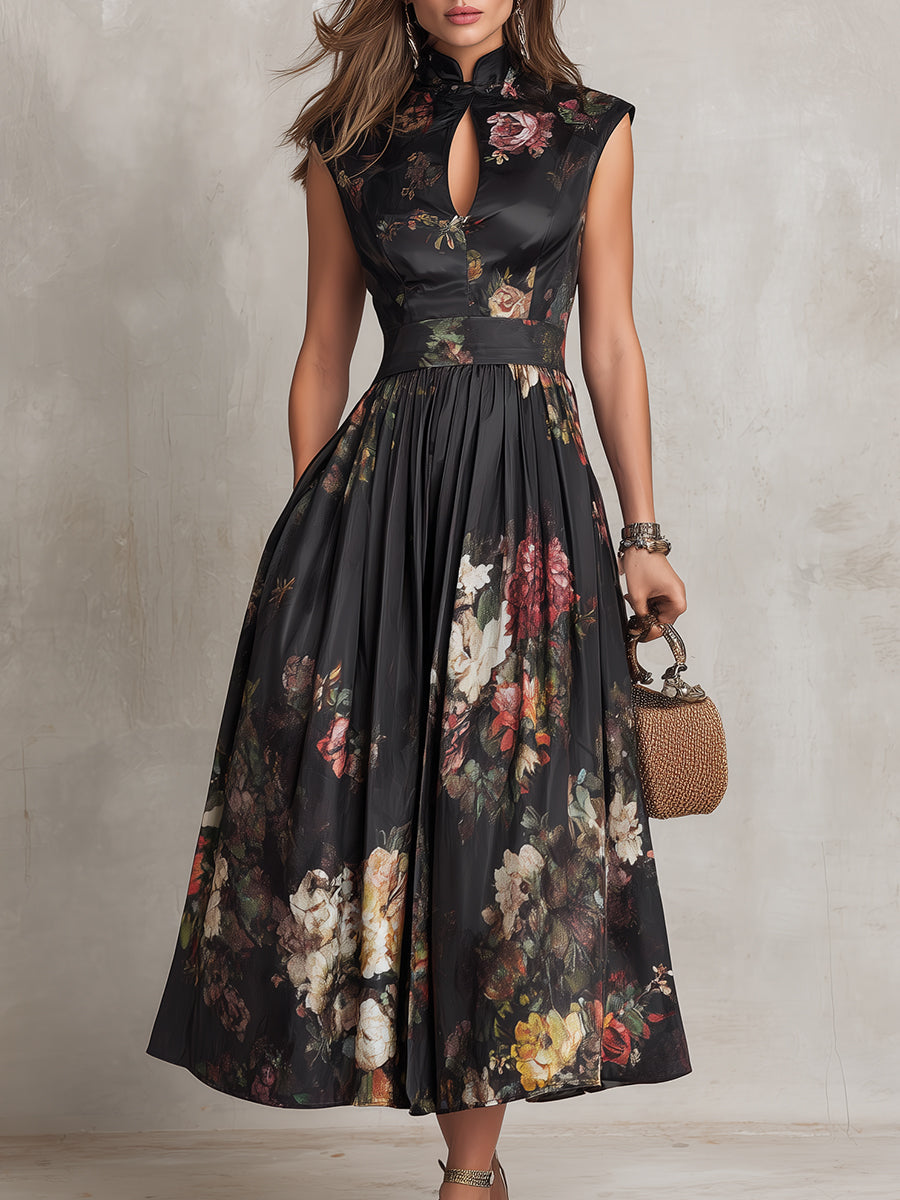 Elegant Floral Midi Dress for Women with High Keyhole Neck Sleeveless Pleated Flowing Formal Wedding Guest Style