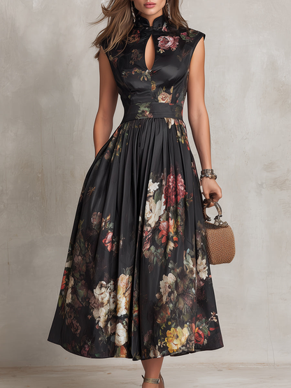 Elegant Floral Midi Dress for Women with High Keyhole Neck Sleeveless Pleated Flowing Formal Wedding Guest Style