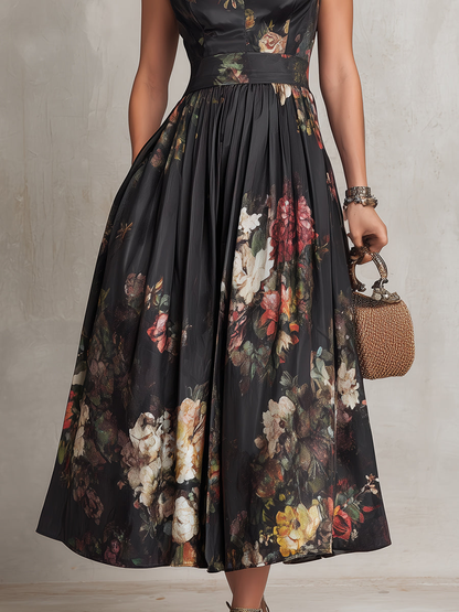 Elegant Floral Midi Dress for Women with High Keyhole Neck Sleeveless Pleated Flowing Formal Wedding Guest Style