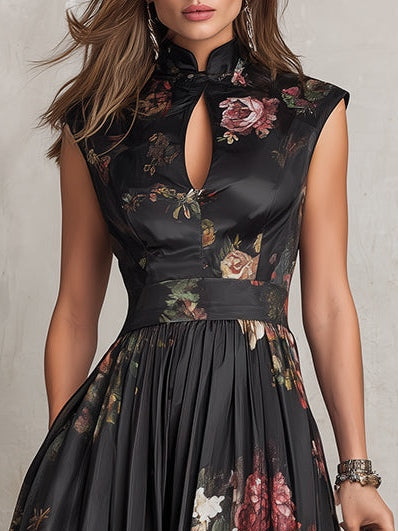 Elegant Floral Midi Dress for Women with High Keyhole Neck Sleeveless Pleated Flowing Formal Wedding Guest Style