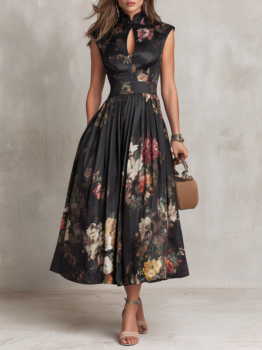 Elegant Floral Midi Dress for Women with High Keyhole Neck Sleeveless Pleated Flowing Formal Wedding Guest Style