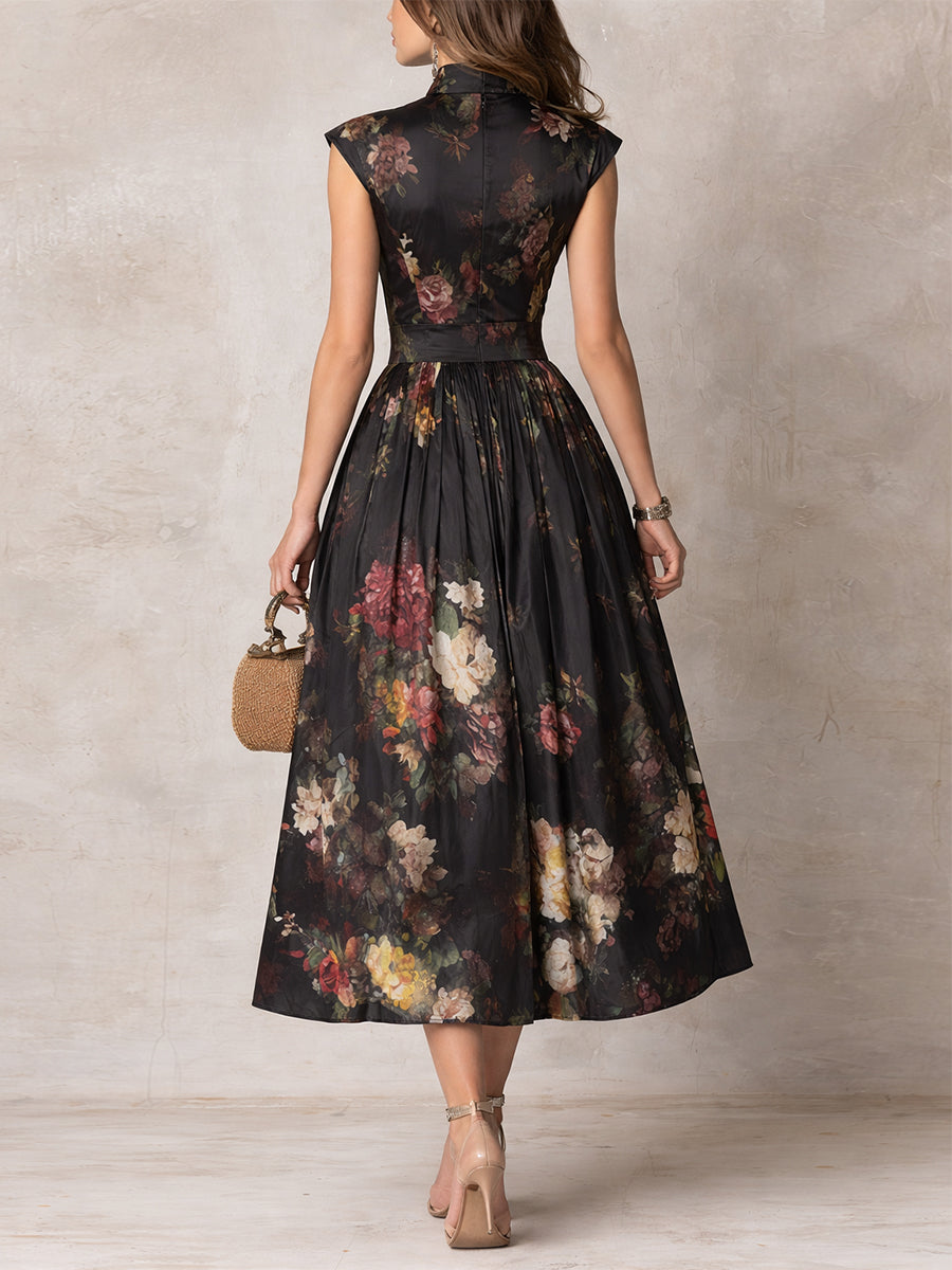 Elegant Floral Midi Dress for Women with High Keyhole Neck Sleeveless Pleated Flowing Formal Wedding Guest Style