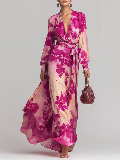 Effortless Rose Red Floral Maxi Dress for Women with V Neck Balloon Sleeve Wrap Tie Waist Flowing Style