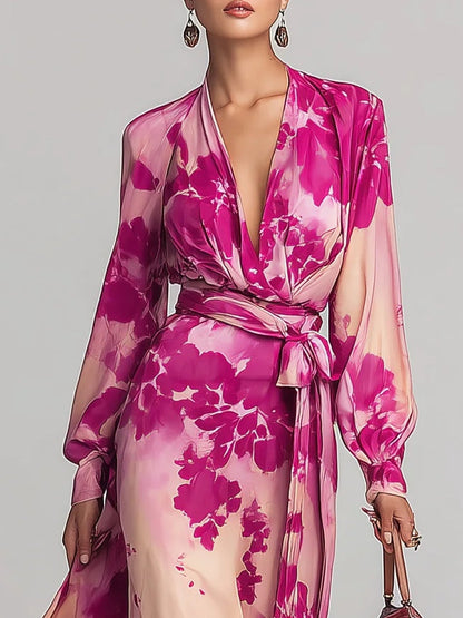 Effortless Rose Red Floral Maxi Dress for Women with V Neck Balloon Sleeve Wrap Tie Waist Flowing Style