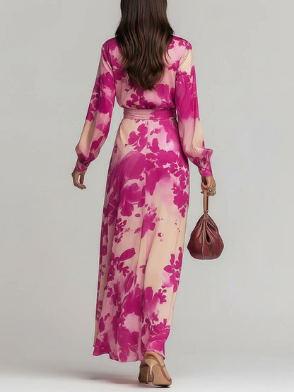Effortless Rose Red Floral Maxi Dress for Women with V Neck Balloon Sleeve Wrap Tie Waist Flowing Style