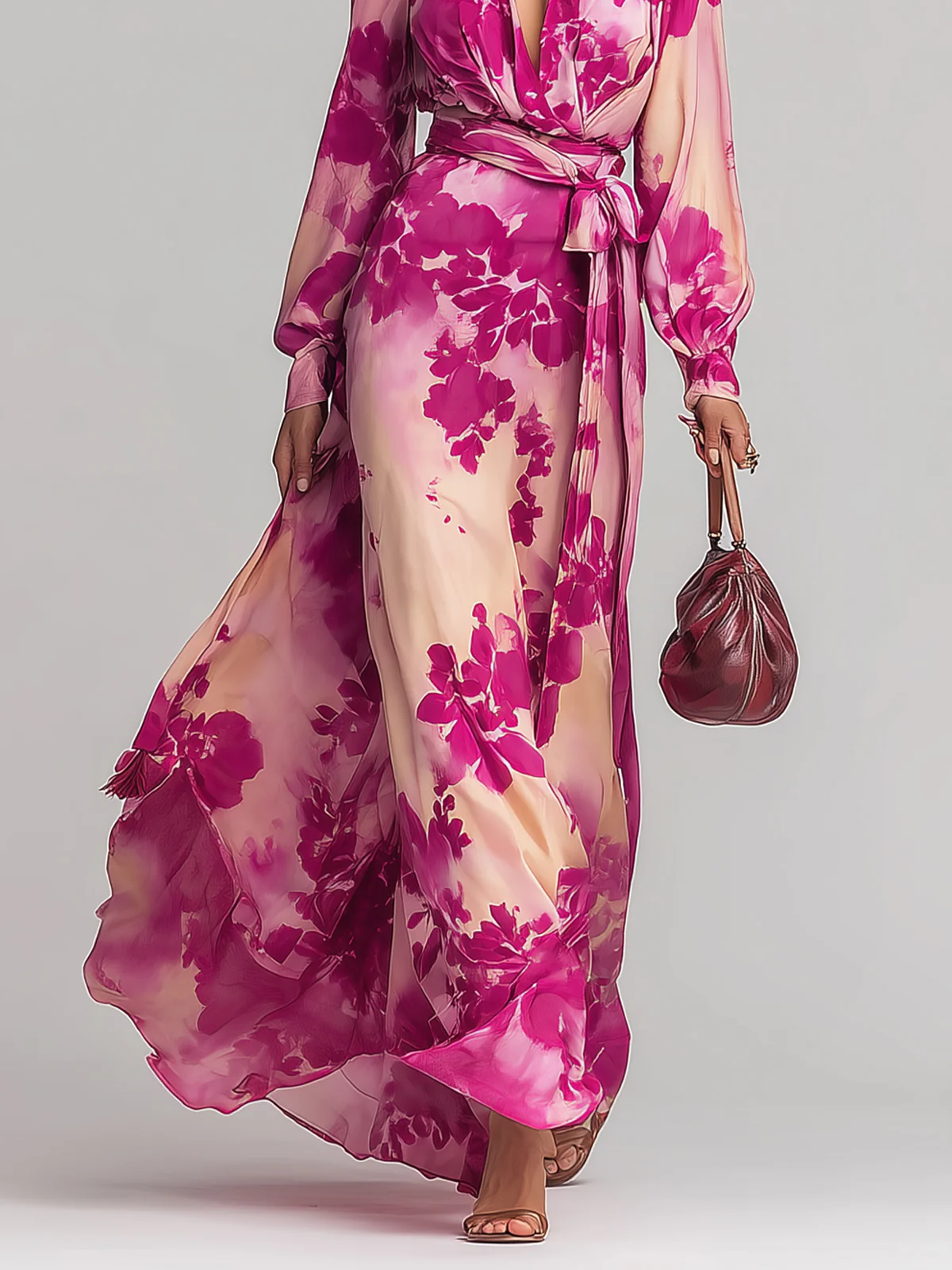 Effortless Rose Red Floral Maxi Dress for Women with V Neck Balloon Sleeve Wrap Tie Waist Flowing Style