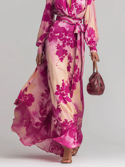 Effortless Rose Red Floral Maxi Dress for Women with V Neck Balloon Sleeve Wrap Tie Waist Flowing Style
