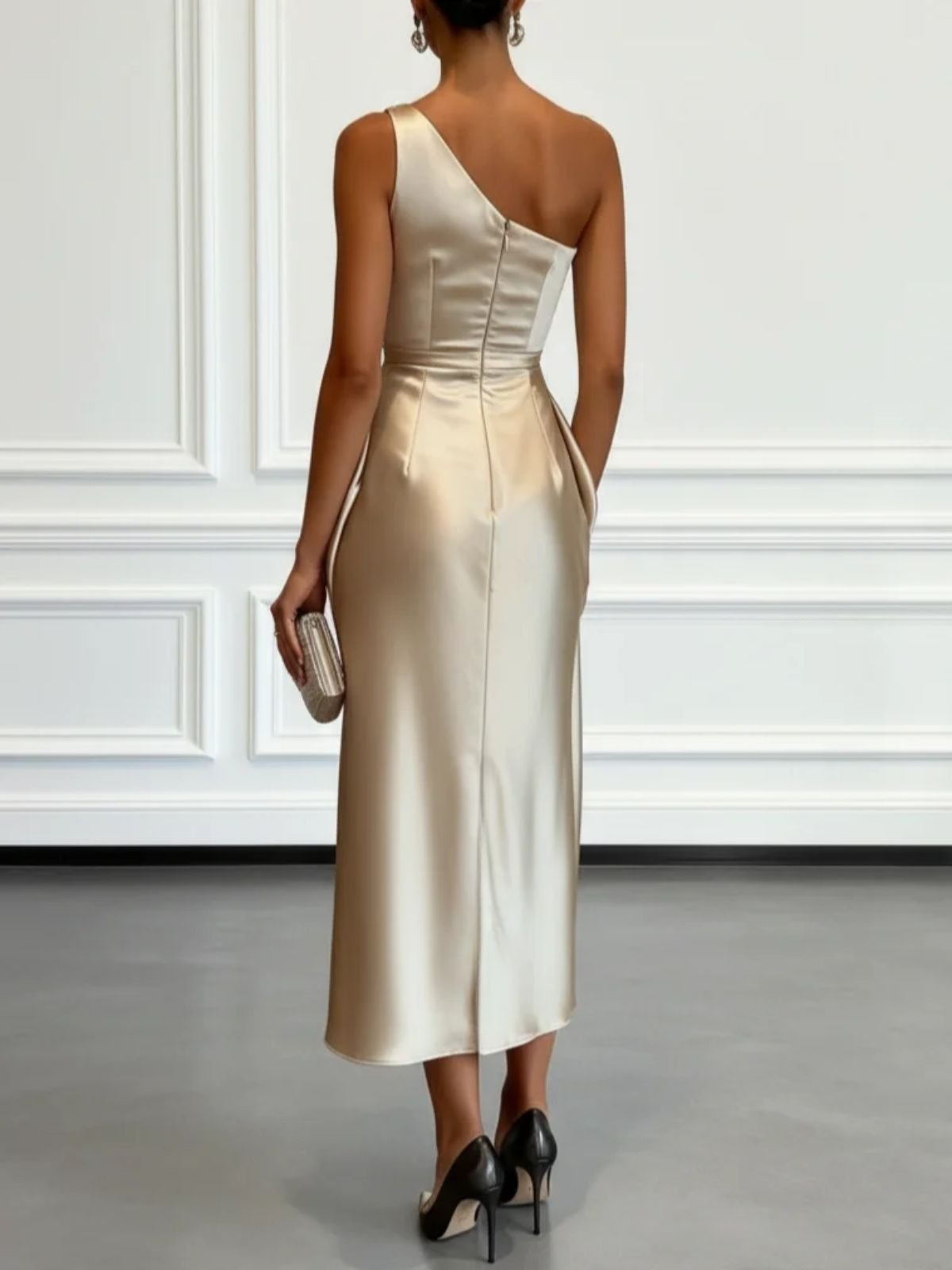 Elegant Satin Midi Dress for Women with One Shoulder Sleeveless Draped Ruched Column Style