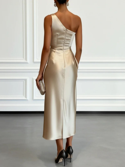 Elegant Satin Midi Dress for Women with One Shoulder Sleeveless Draped Ruched Column Style