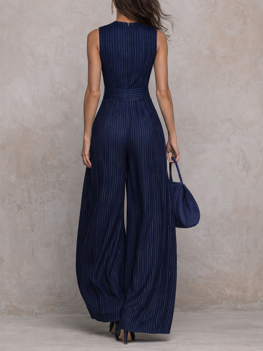 Elegant Dark Blue Pinstripe Jumpsuit for Women with Mock Neck Keyhole Sleeveless Wide Leg Style