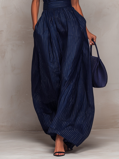 Elegant Dark Blue Pinstripe Jumpsuit for Women with Mock Neck Keyhole Sleeveless Wide Leg Style