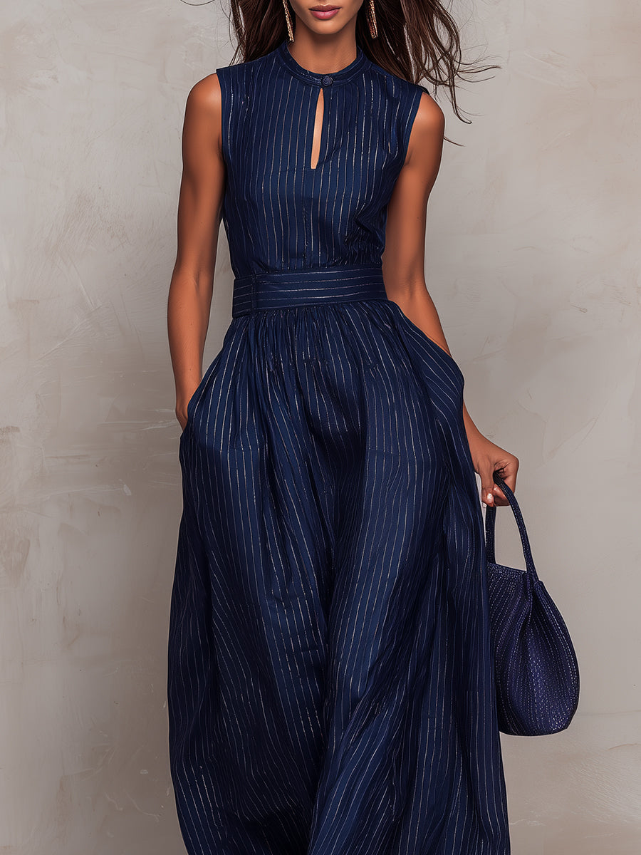 Elegant Dark Blue Pinstripe Jumpsuit for Women with Mock Neck Keyhole Sleeveless Wide Leg Style