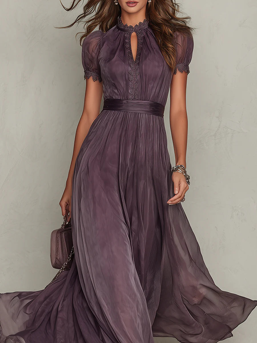 Elegant Chiffon Maxi Dress for Women with High Neck Puff Sleeve Keyhole Flowing Wedding Guest Style