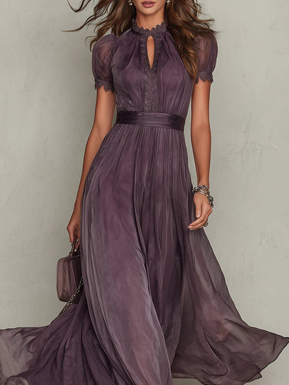 Elegant Chiffon Maxi Dress for Women with High Neck Puff Sleeve Keyhole Flowing Wedding Guest Style