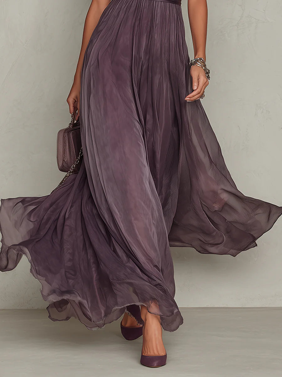 Elegant Chiffon Maxi Dress for Women with High Neck Puff Sleeve Keyhole Flowing Wedding Guest Style