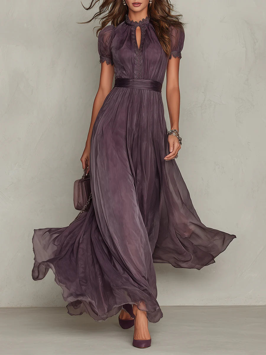 Elegant Chiffon Maxi Dress for Women with High Neck Puff Sleeve Keyhole Flowing Wedding Guest Style
