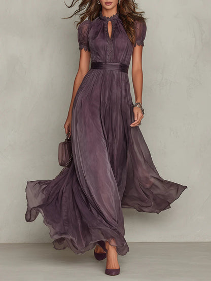 Elegant Chiffon Maxi Dress for Women with High Neck Puff Sleeve Keyhole Flowing Wedding Guest Style